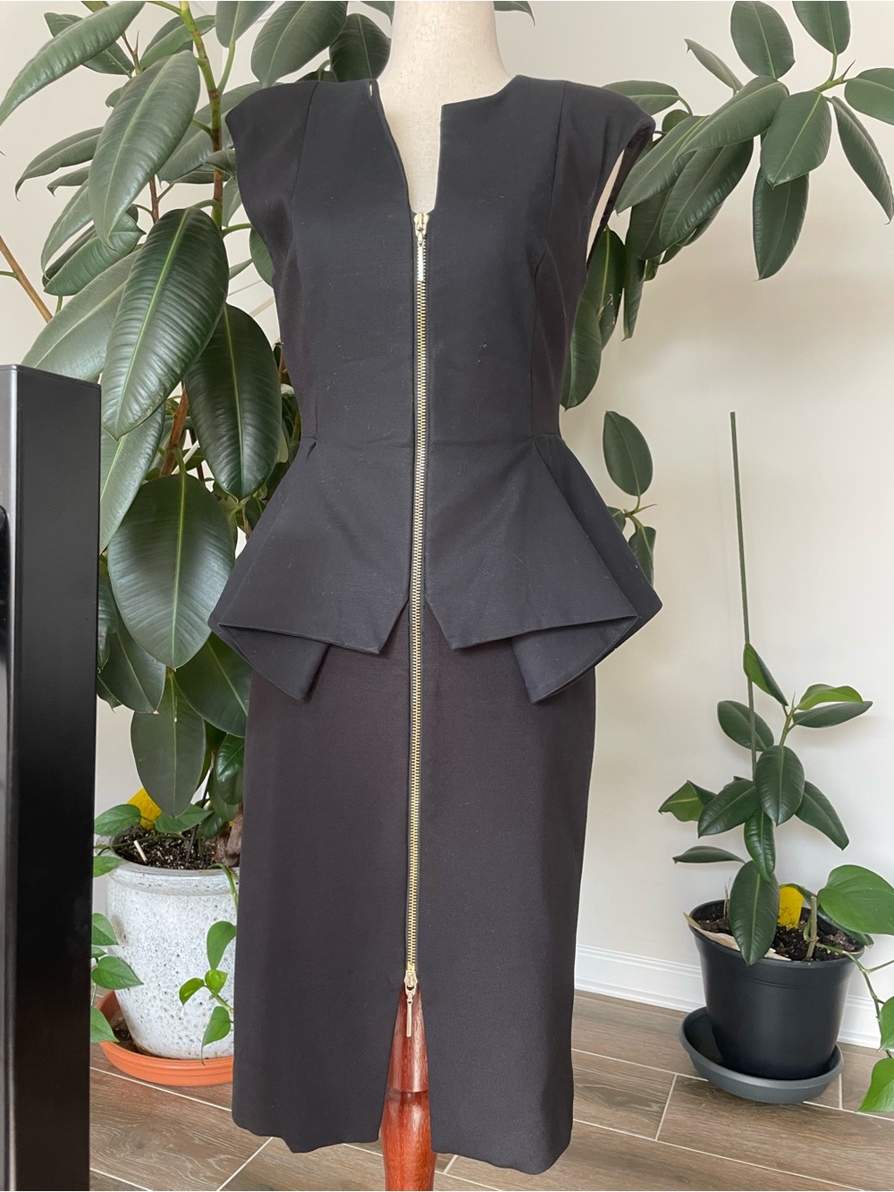 Ted Baker Black Peplum Midi Dress with Gold Zip